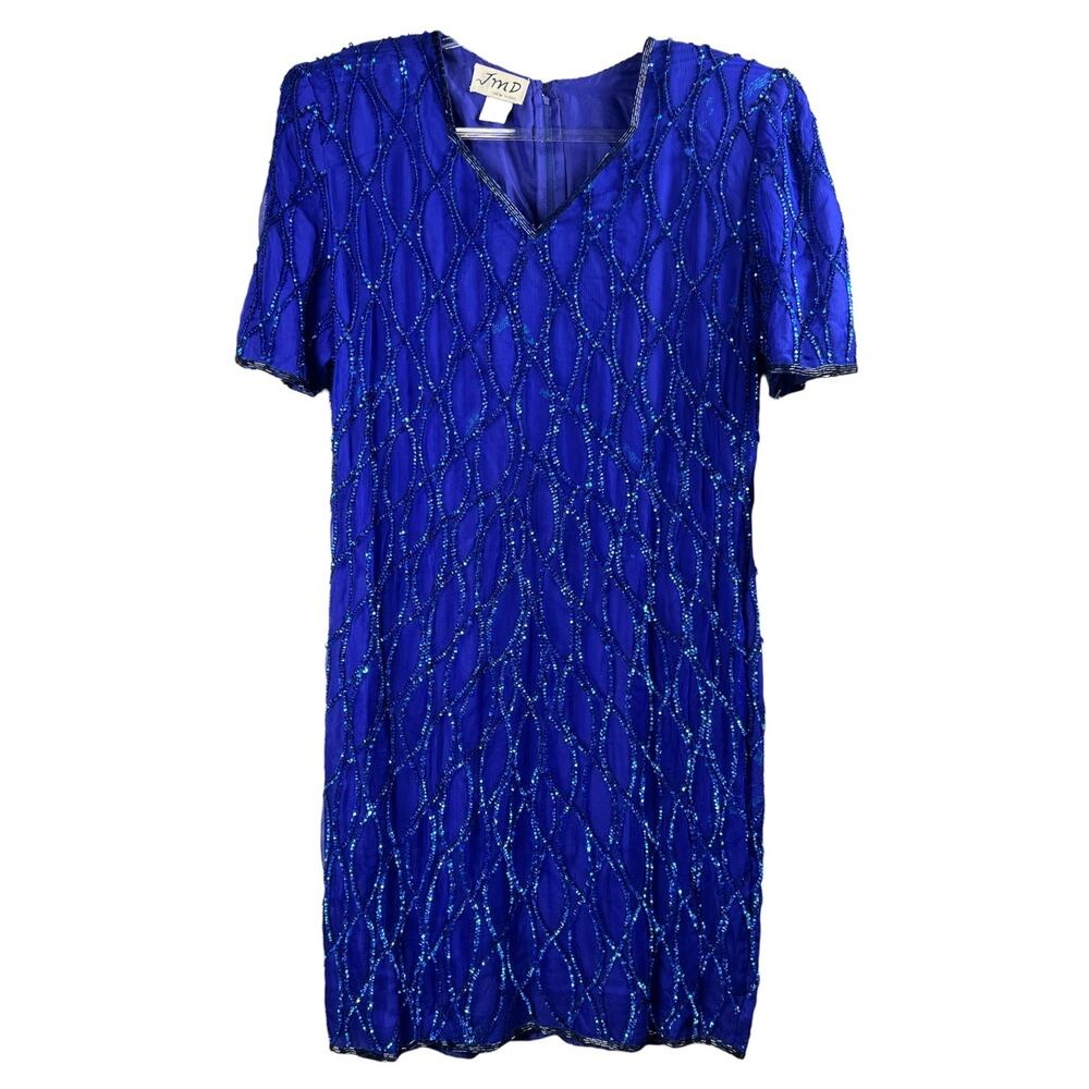 JMD New York Vintage Blue Silk Beaded Sequin Dress Size XL Style D-1132